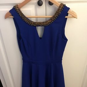 Blue Fit&Flare Dress with Gold Accent Neckline